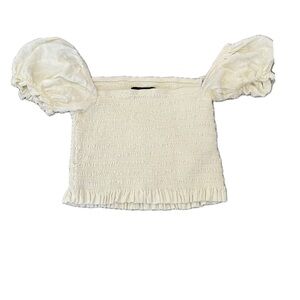 Cream Smocked Puff Sleeve Top